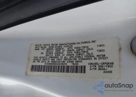 2004 Toyota Tacoma Prerunner V6 from USA, damaged, VIN 5TESN92N04Z439230